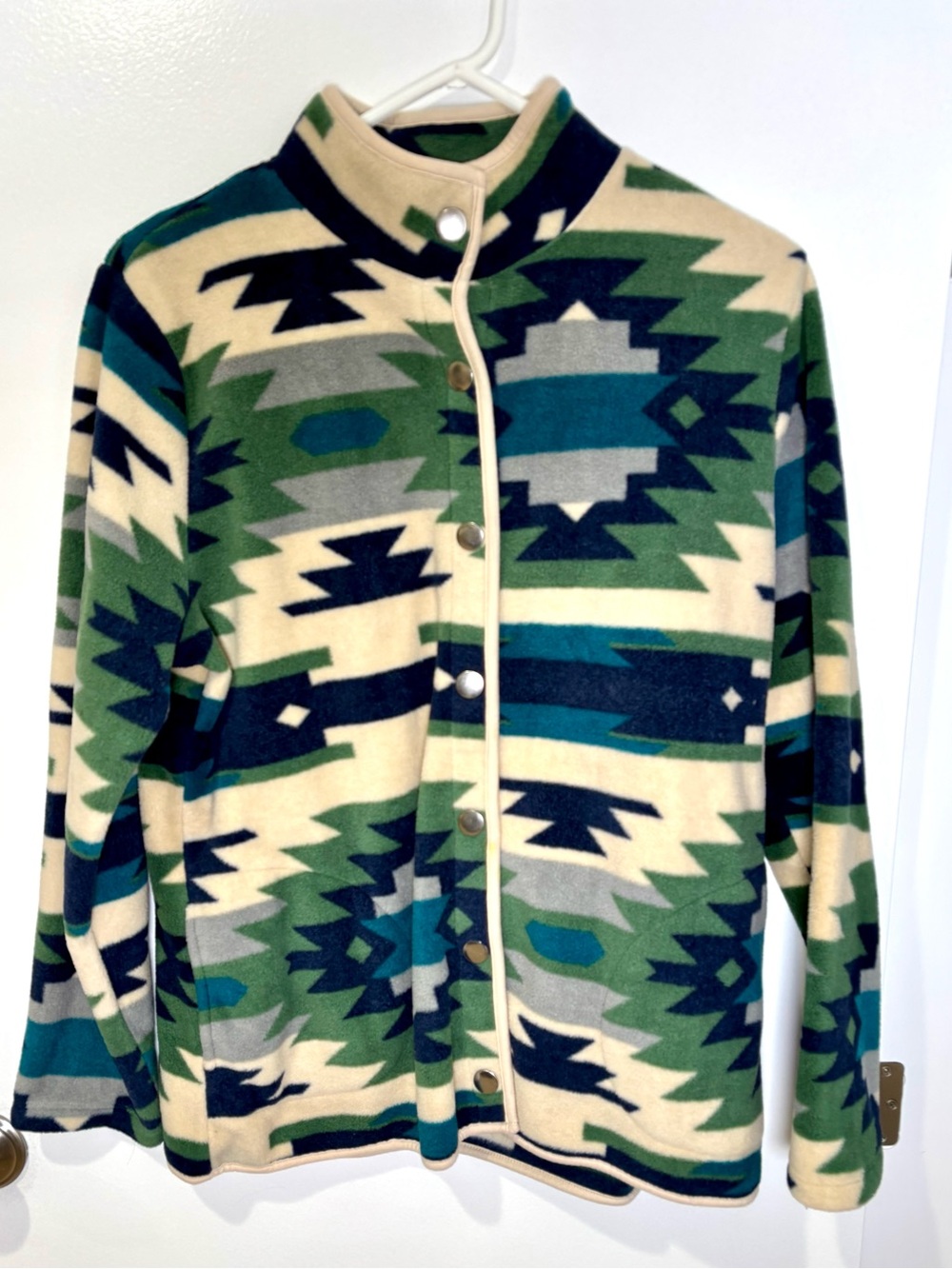 Denim & Co. Canyon Retreat Southwest Printed Fleece Jacket Dark Ivy Size M (read